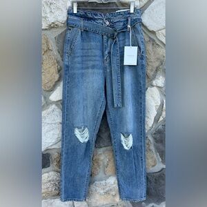 Kancan High Waisted Mom Jeans 9/28 Belted Paperbag Distressed Cropped Boyfriend